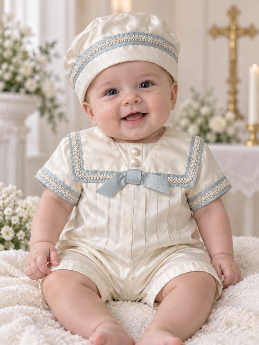 NWT Sarah Louise 100% Silk Boys Sailor Christening Formal Romper Hat 2pcs Set 3M